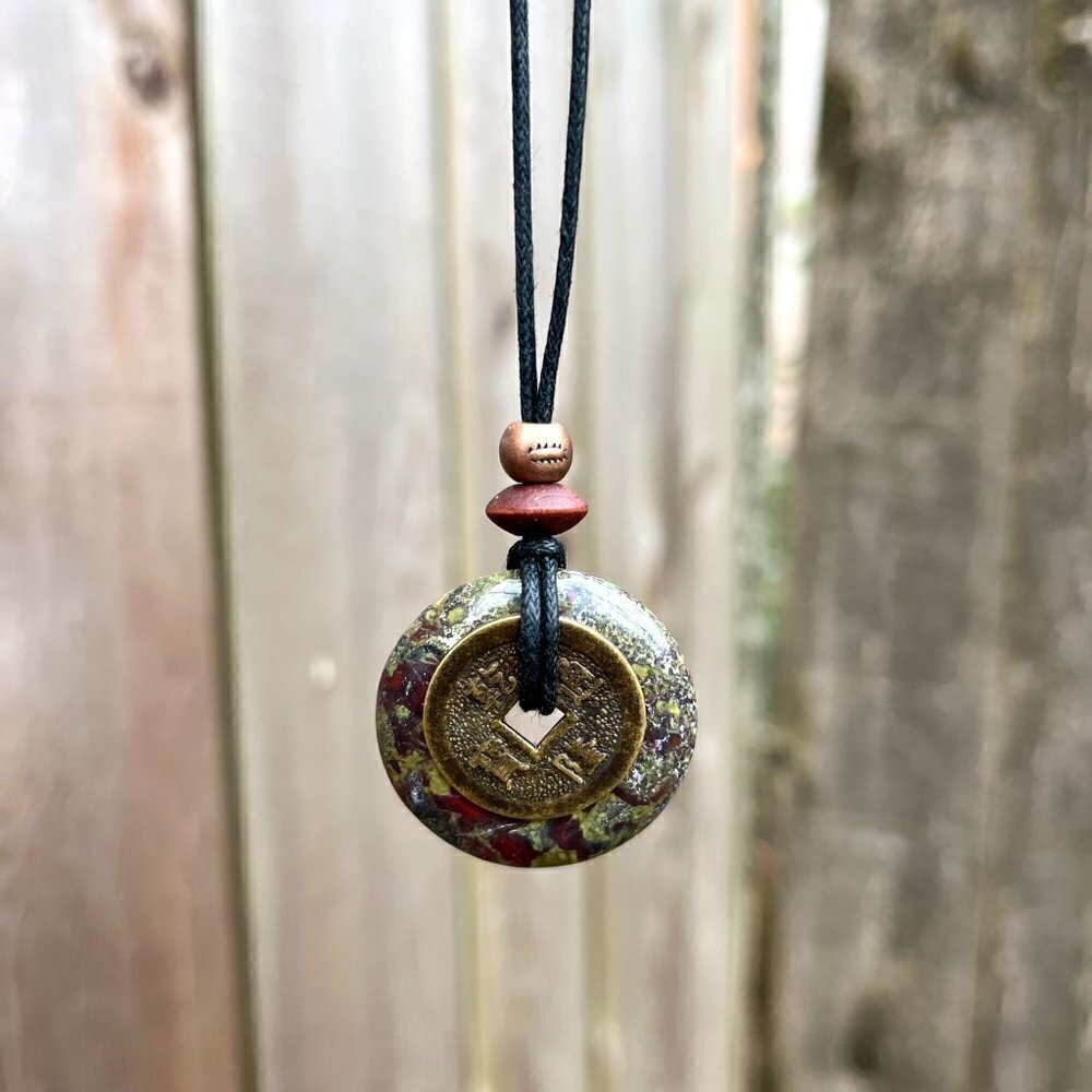 Dragon’s Blood Jasper and Lucky Coin Pendant Necklace | Handmade - Picture 3 of 5
